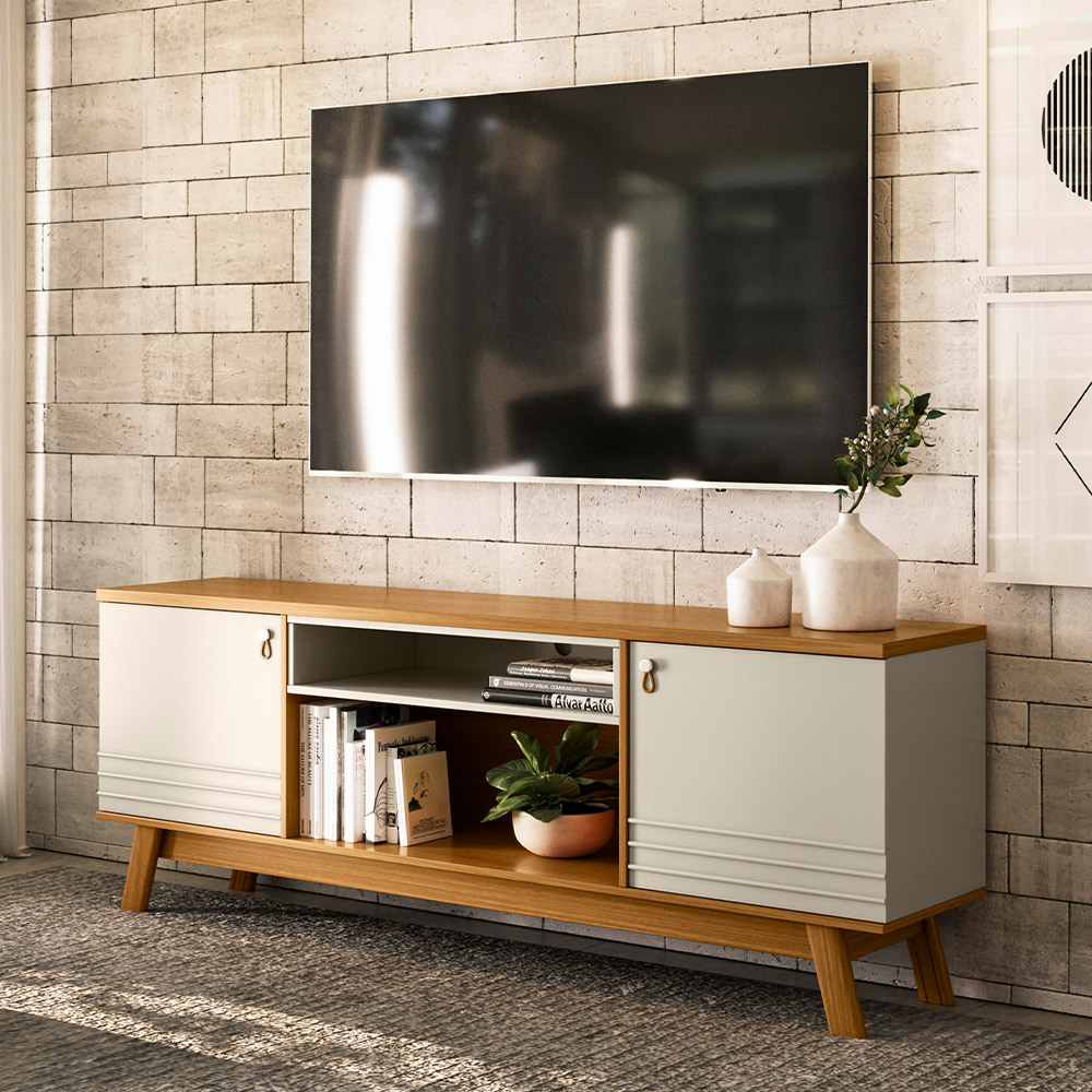 Rack Para Sala de Estar TV 75 Pol Pés Retrô Eller L05 Nature Off White - Lyam Decor