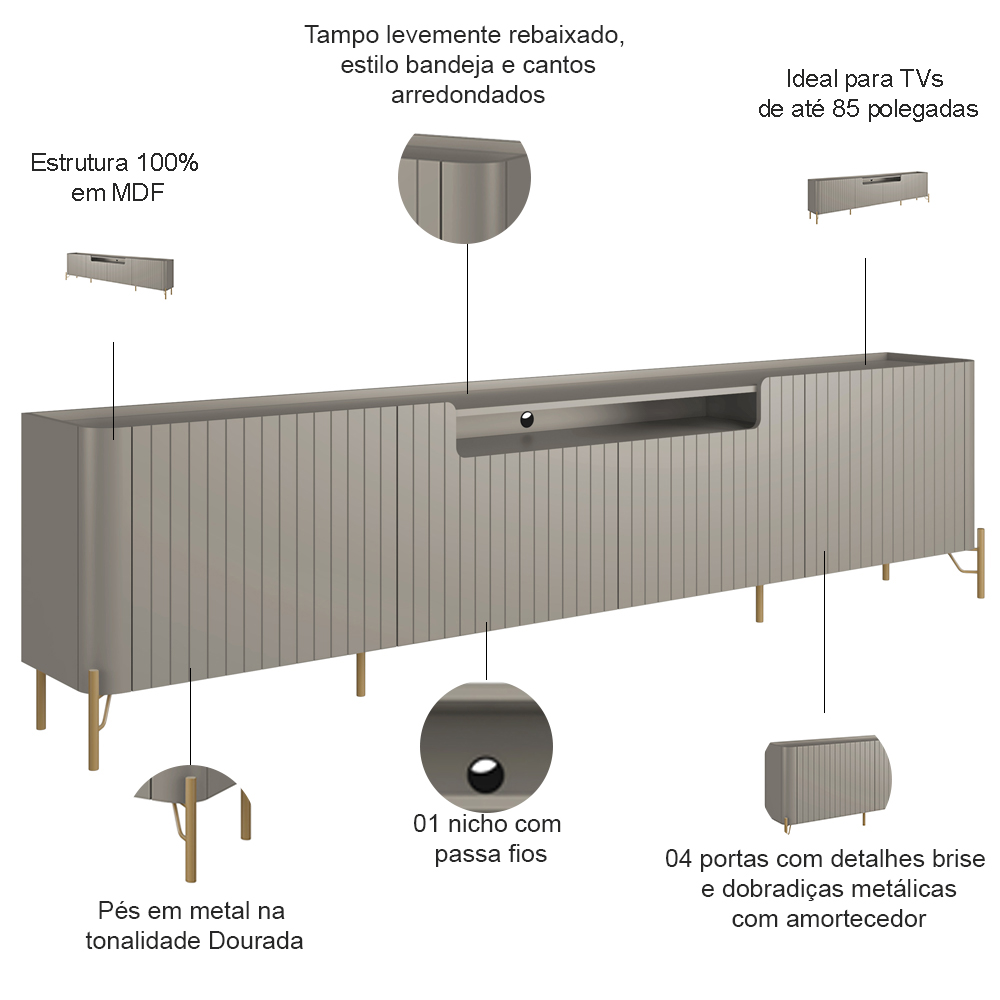 Rack Para Sala de Estar TV 85 Pol 4 Portas Brise Pés Industrial Dourado Alef I03 Grigio - Lyam Decor