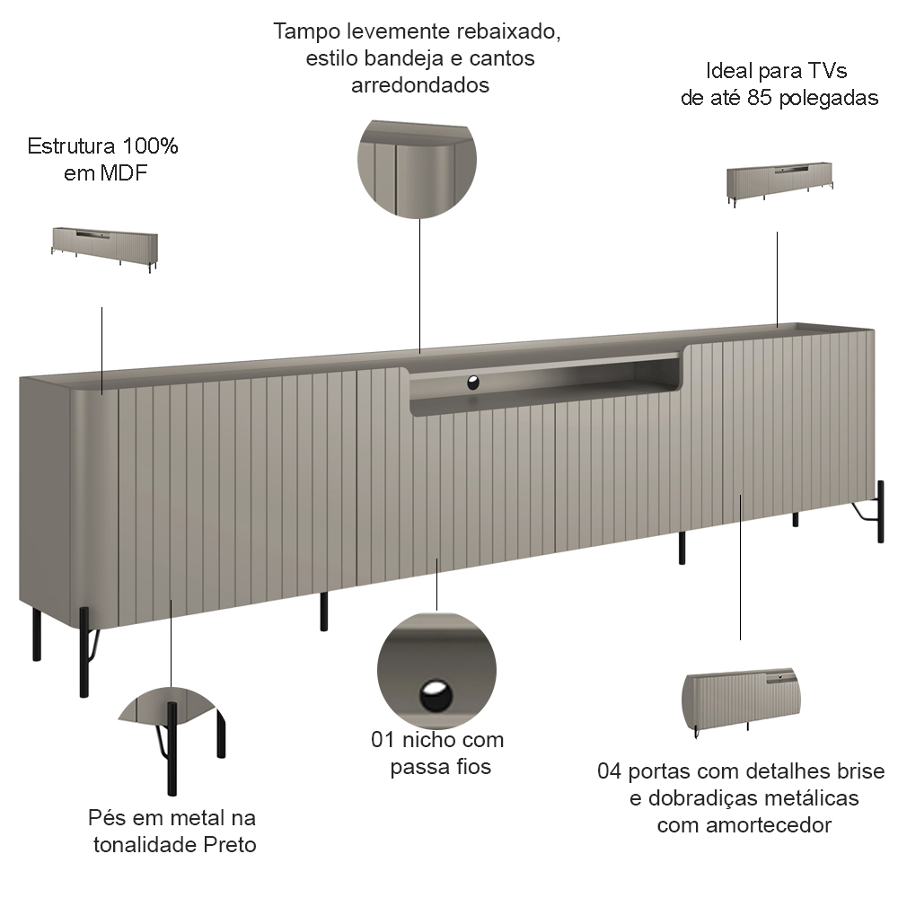 Rack Para Sala de Estar TV 85 Pol 4 Portas Brise Pés Industrial Preto Alef I03 Grigio - Lyam Decor