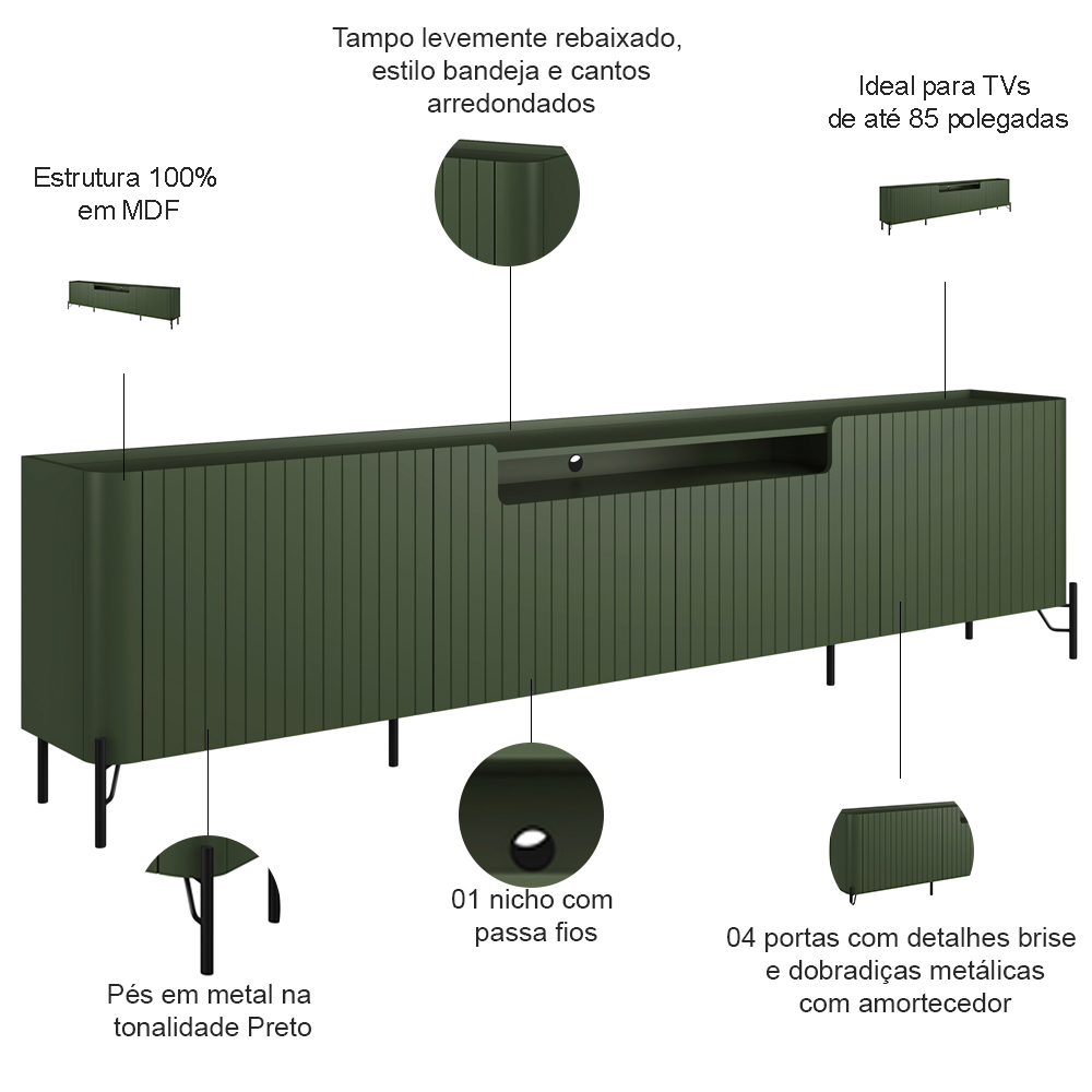 Rack Para Sala de Estar TV 85 Pol 4 Portas Brise Pés Industrial Preto Alef I03 Musgo - Lyam Decor