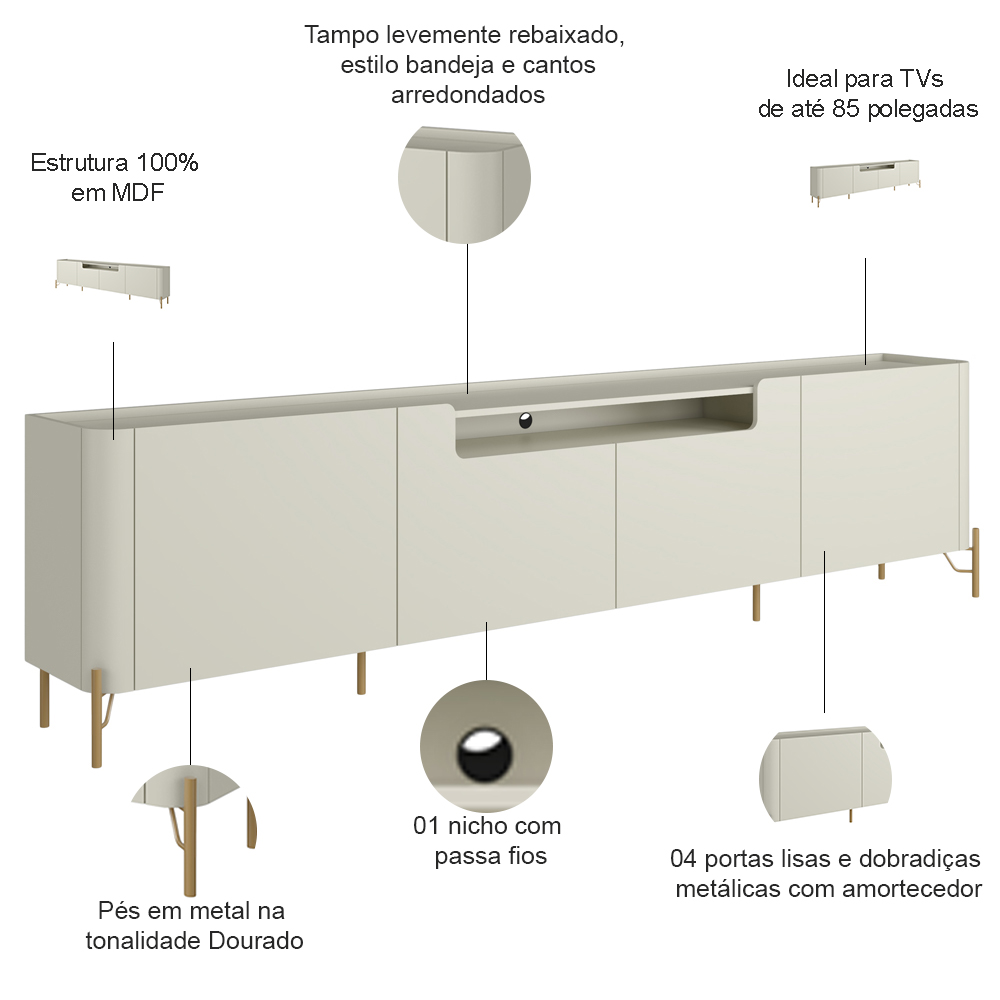 Rack Para Sala de Estar TV 85 Pol 4 Portas Pés Industrial Dourado Alef I03 Luna - Lyam Decor