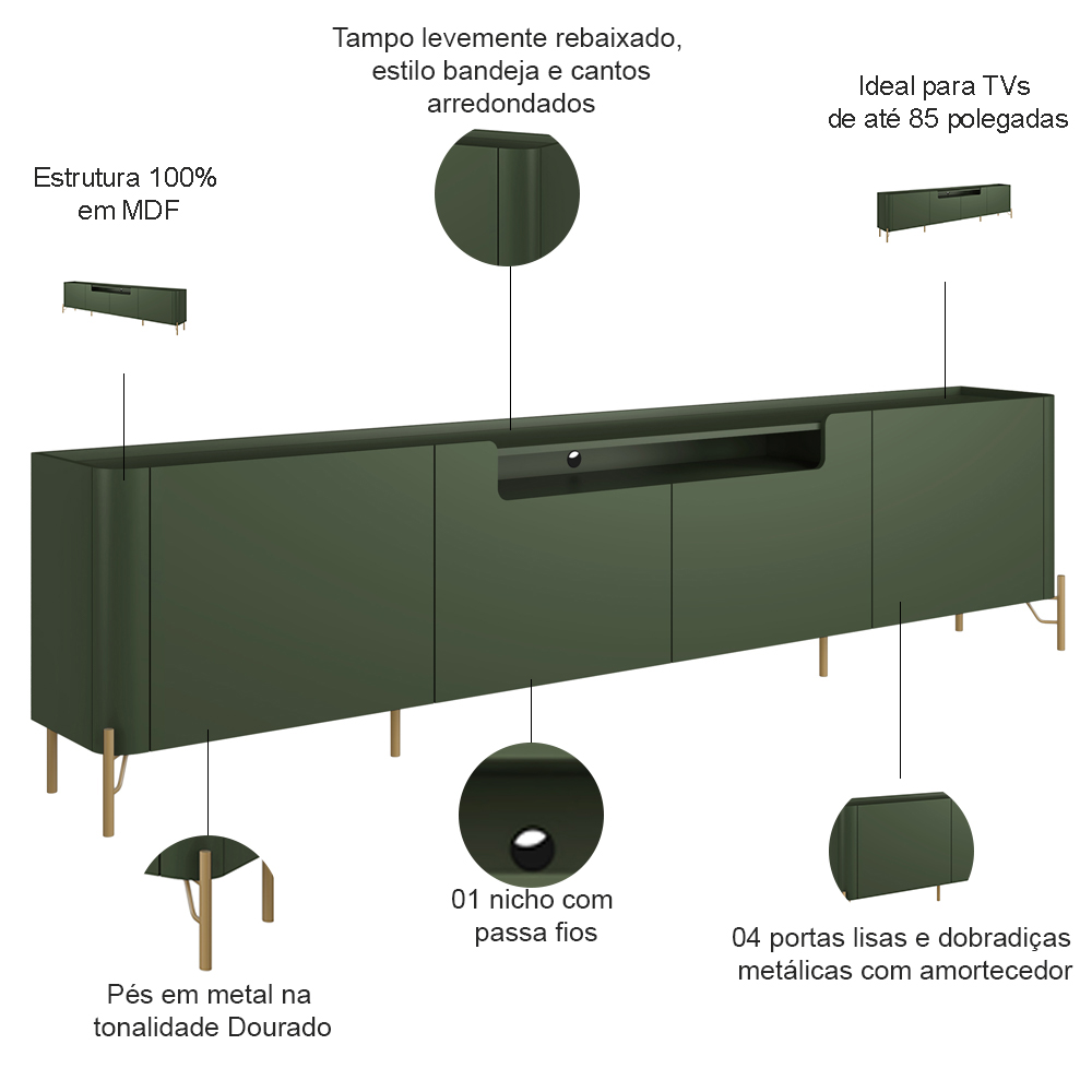 Rack Para Sala de Estar TV 85 Pol 4 Portas Pés Industrial Dourado Alef I03 Musgo - Lyam Decor