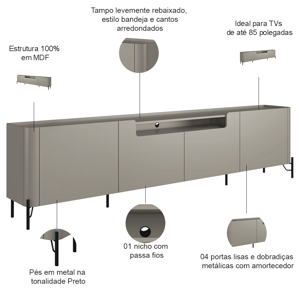 Rack Para Sala de Estar TV 85 Pol 4 Portas Pés Industrial Preto Alef I03 Grigio - Lyam Decor