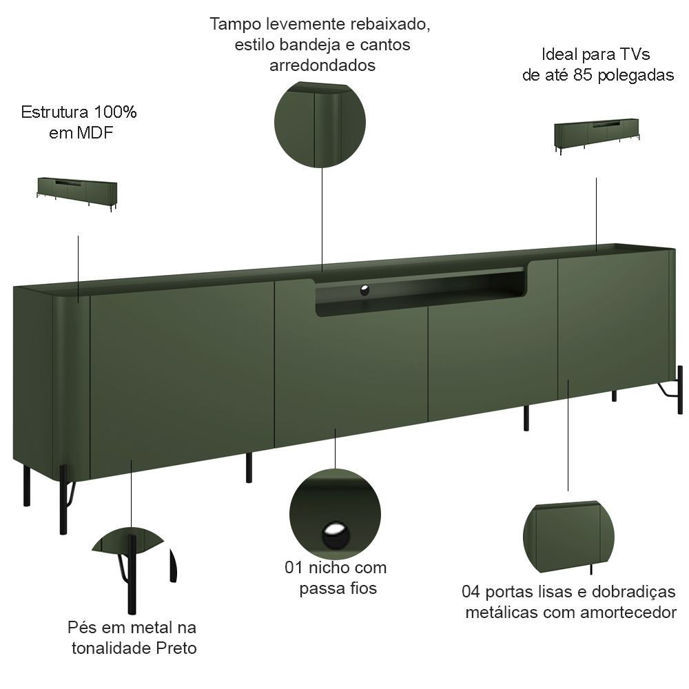 Rack Para Sala de Estar TV 85 Pol 4 Portas Pés Industrial Preto Alef I03 Musgo - Lyam Decor