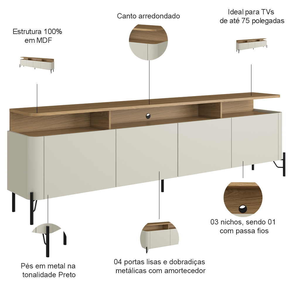 Rack Sala Com Painel Para TV 75 Pol 4 Portas 180cm Pés Preto Clio I03 Louro Luna - Lyam