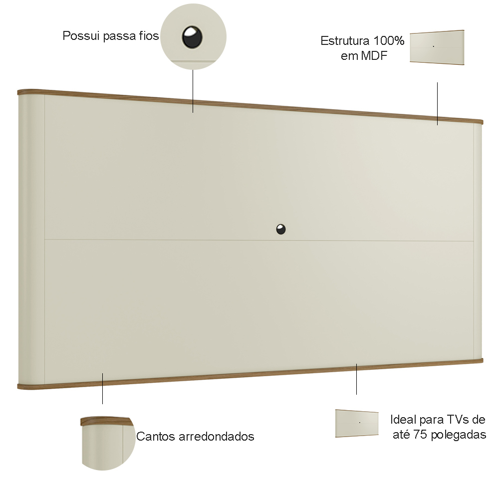 Rack Sala Com Painel Para TV 75 Pol 4 Portas Brise 180cm Pés Dourado Clio I03 Louro Luna - Lyam