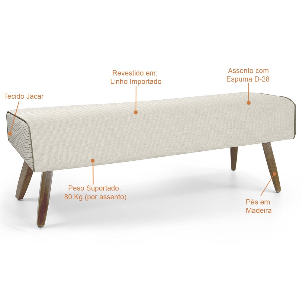 Recamier Decorativo com Pés de Madeira Viseo D02 120 cm Linho Bege B-172 - Lyam Decor