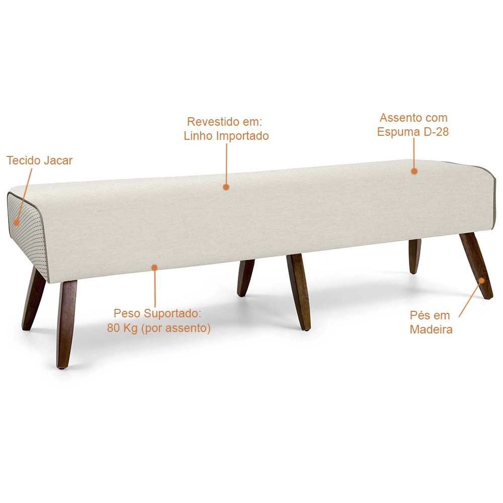 Recamier Decorativo com Pés de Madeira Viseo D02 160 cm Linho Bege B-172 - Lyam Decor