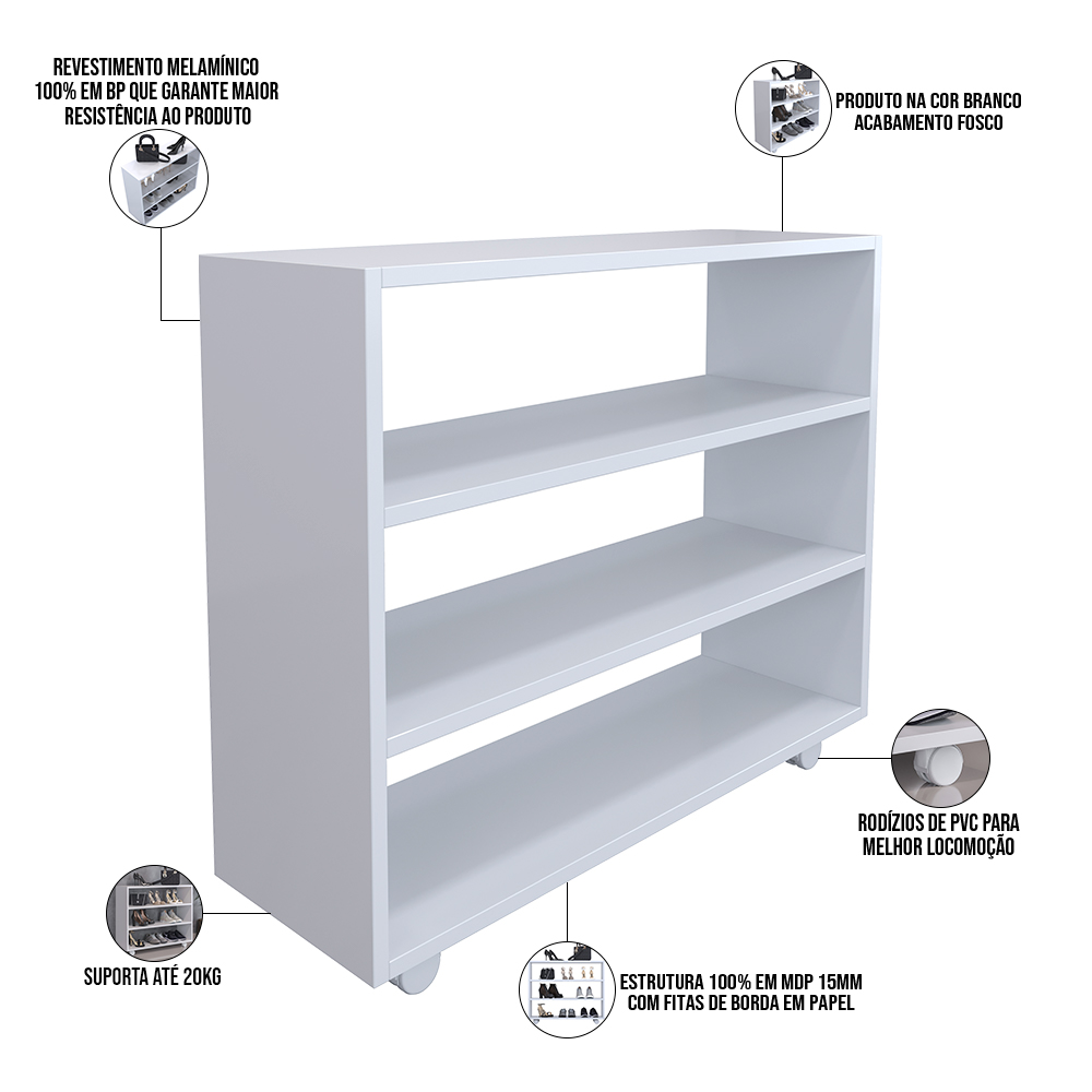 Sapateira Multiuso Organizador Com 03 Prateleiras E Rodízio Pérola L03 Branco - Lyam Decor