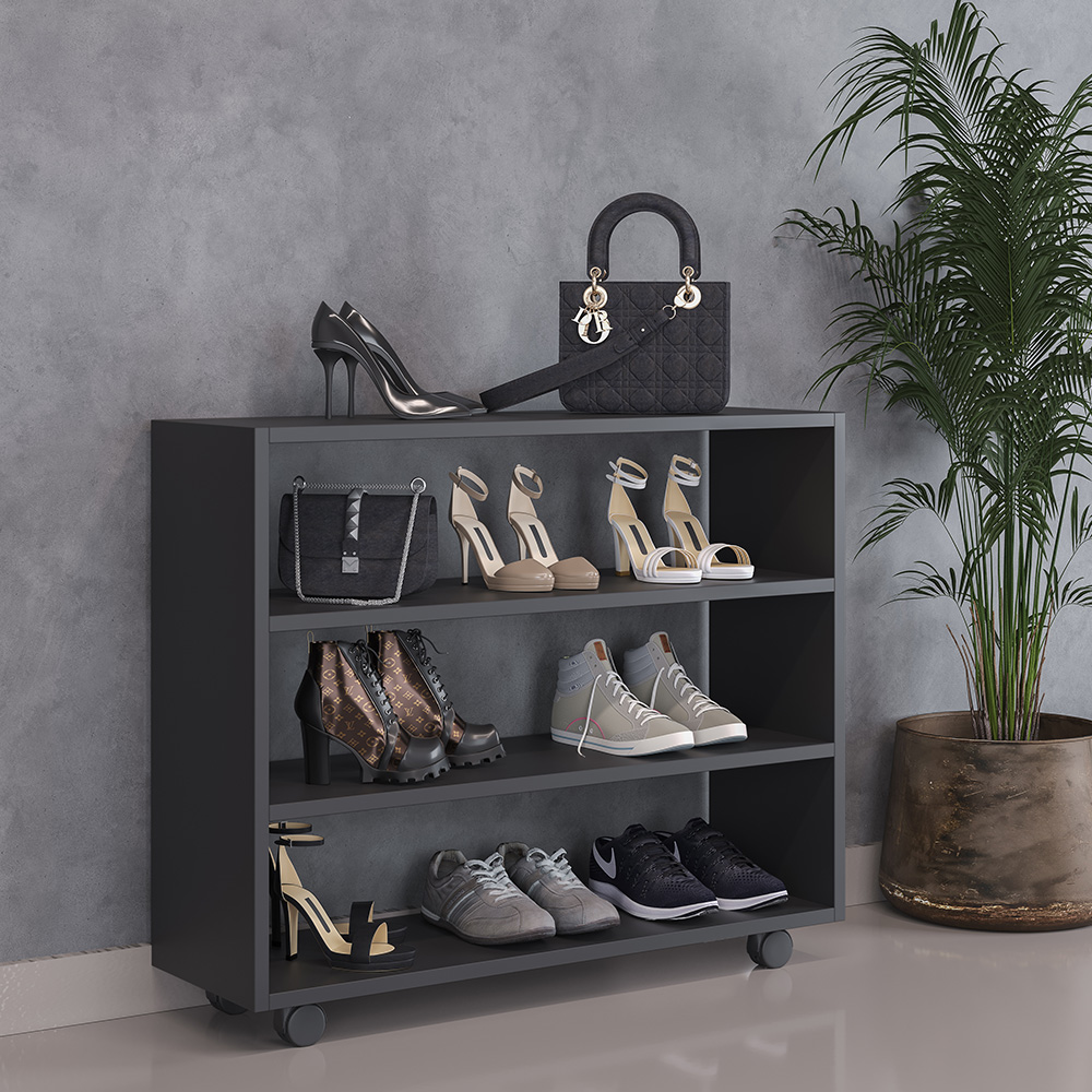 Sapateira Multiuso Organizador Com 03 Prateleiras E Rodízio Pérola L03 Preto - Lyam Decor