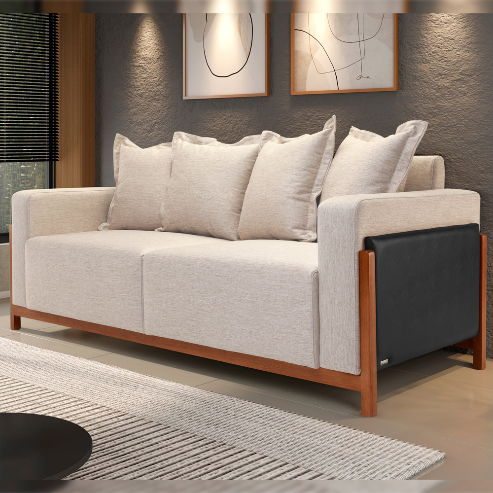 Sofá 03 Lugares Para Sala De Estar 198 cm Khali B04 Linho Bege Couríssimo Preto - Lyam
