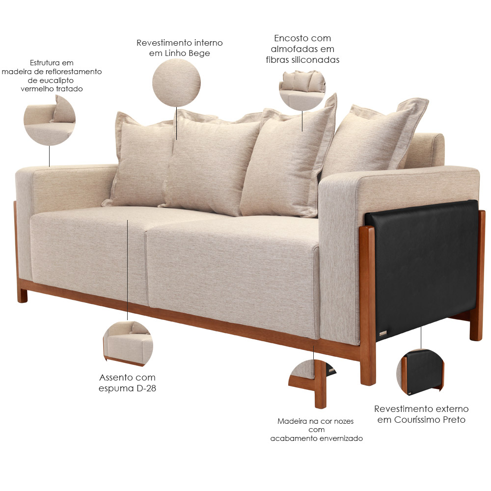 Sofá 03 Lugares Para Sala De Estar 198 cm Khali B04 Linho Bege Couríssimo Preto - Lyam