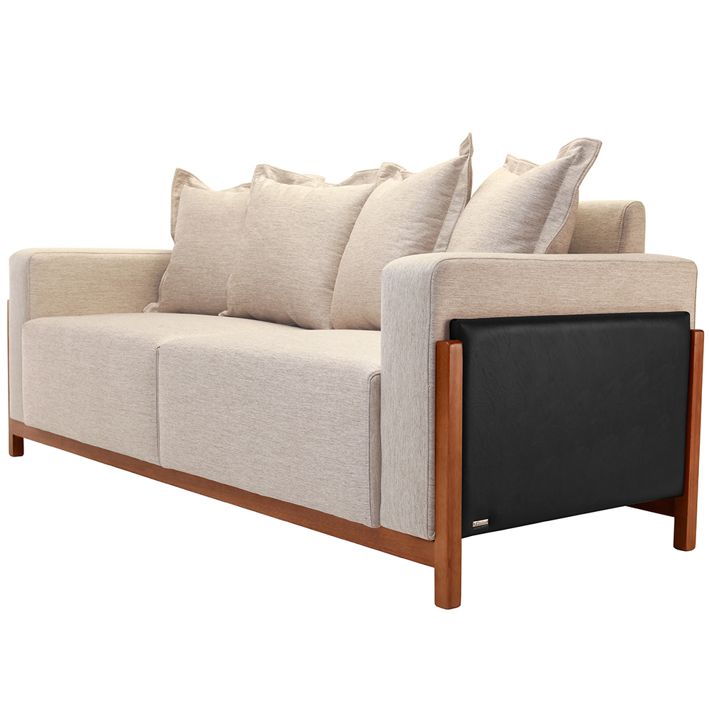 Sofá 03 Lugares Para Sala De Estar 198 cm Khali B04 Linho Bege Couríssimo Preto - Lyam