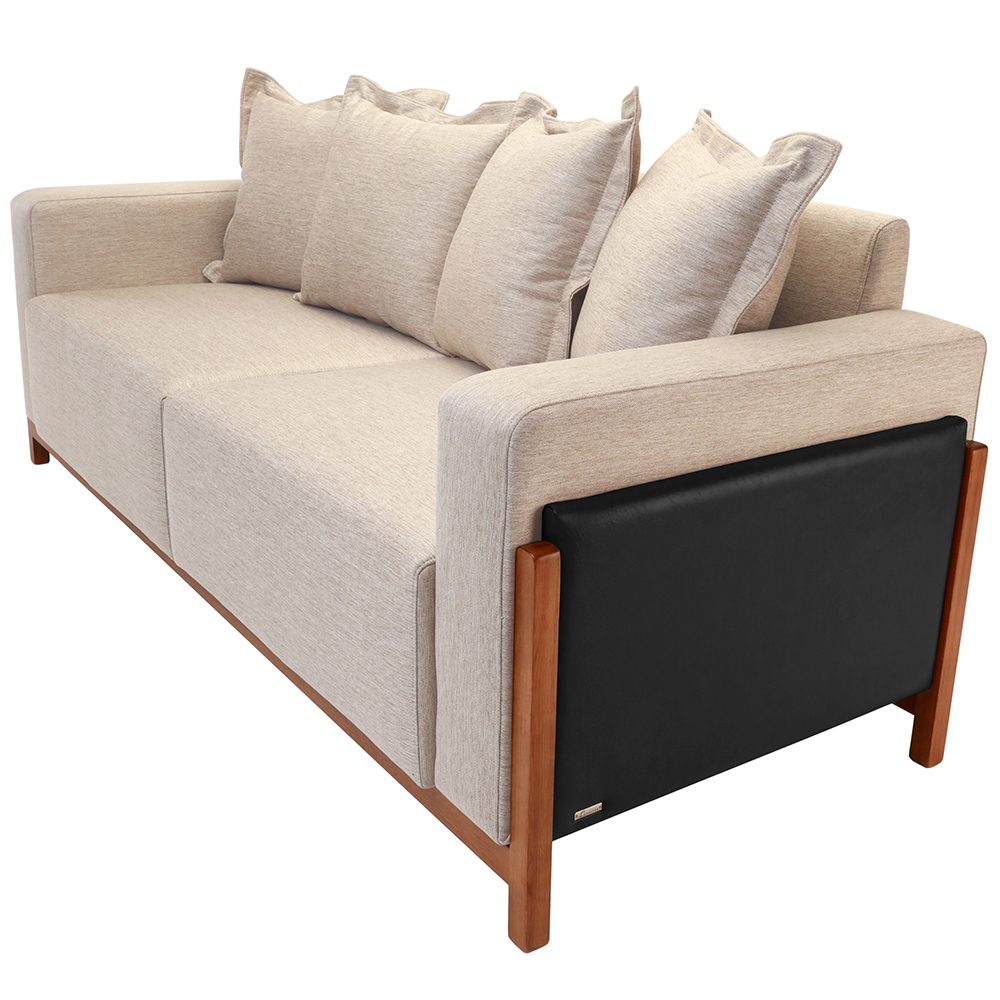 Sofá 03 Lugares Para Sala De Estar 198 cm Khali B04 Linho Bege Couríssimo Preto - Lyam