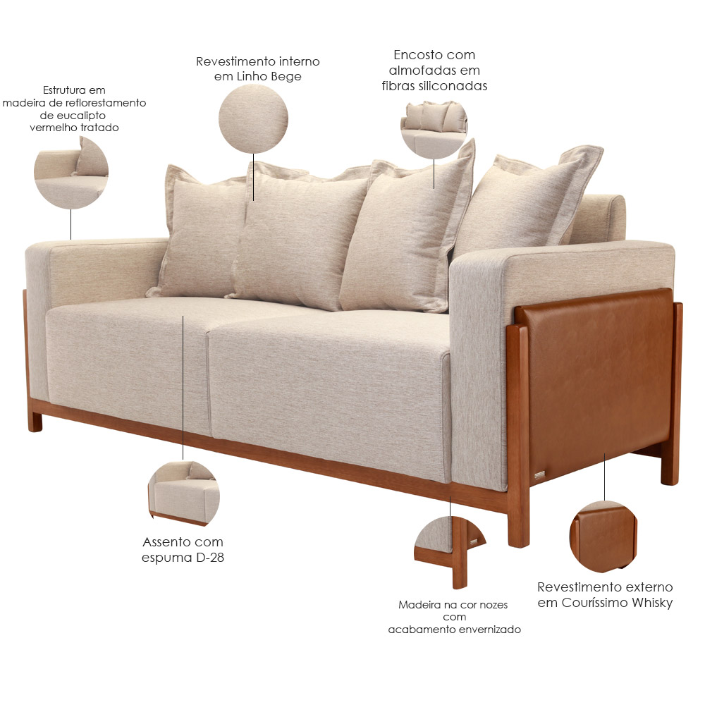 Sofá 03 Lugares Para Sala De Estar 198 cm Khali B04 Linho Bege Couríssimo Whisky - Lyam