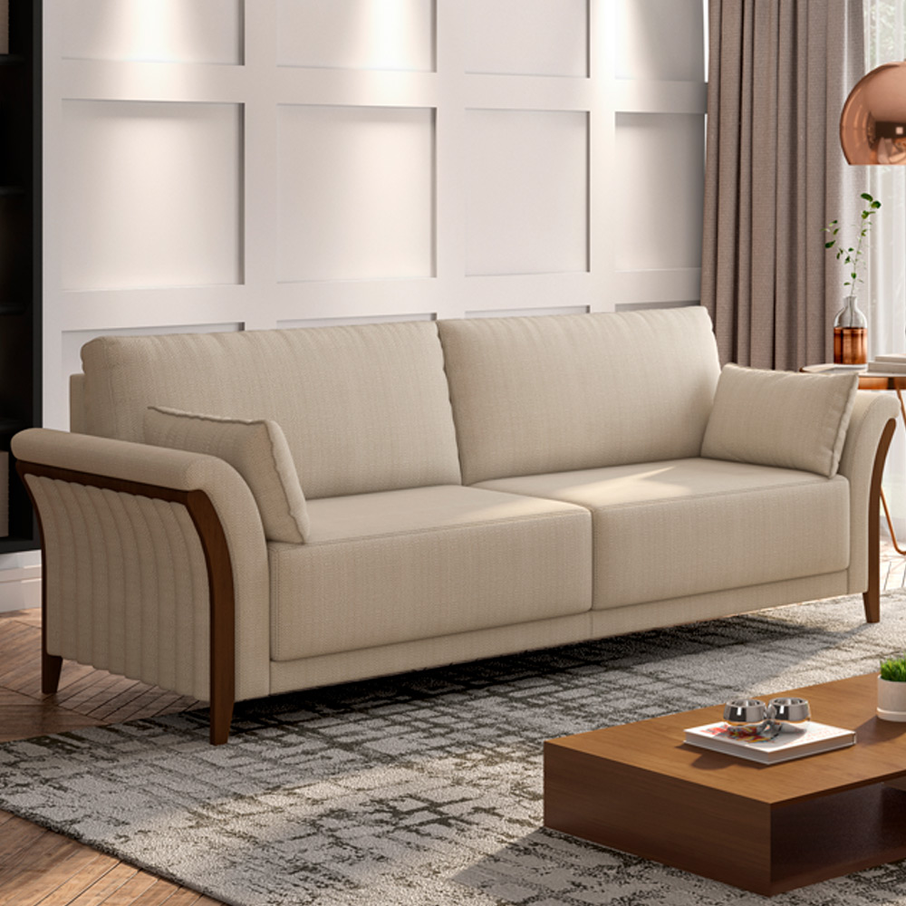 Sofá 03 Lugares Para Sala De Estar Pés Em Madeira 222 cm Stefan M03 Linho Bege - Lyam Decor
