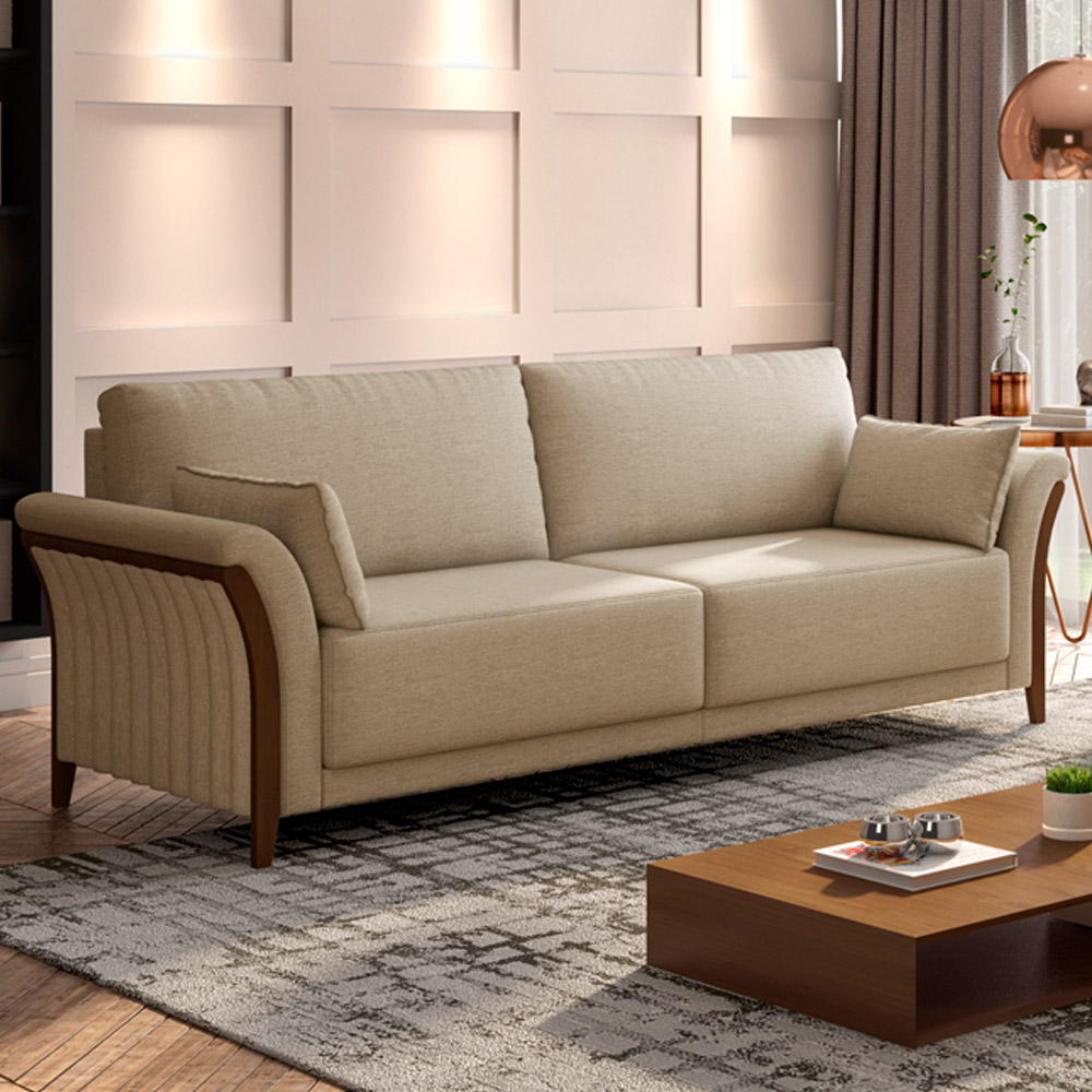 Sofá 03 Lugares Para Sala De Estar Pés Em Madeira 222 cm Stefan M03 Linho Bege Escuro - Lyam Decor