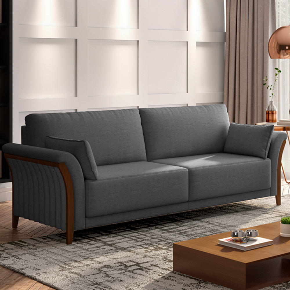 Sofá 03 Lugares Para Sala De Estar Pés Em Madeira 222 cm Stefan M03 Linho Chumbo - Lyam Decor