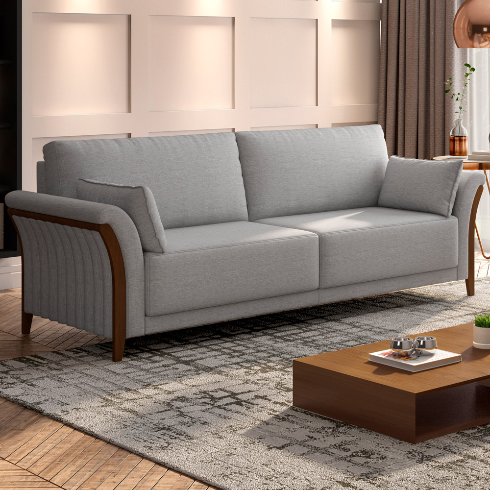 Sofá 03 Lugares Para Sala De Estar Pés Em Madeira 222 cm Stefan M03 Linho Cinza - Lyam Decor