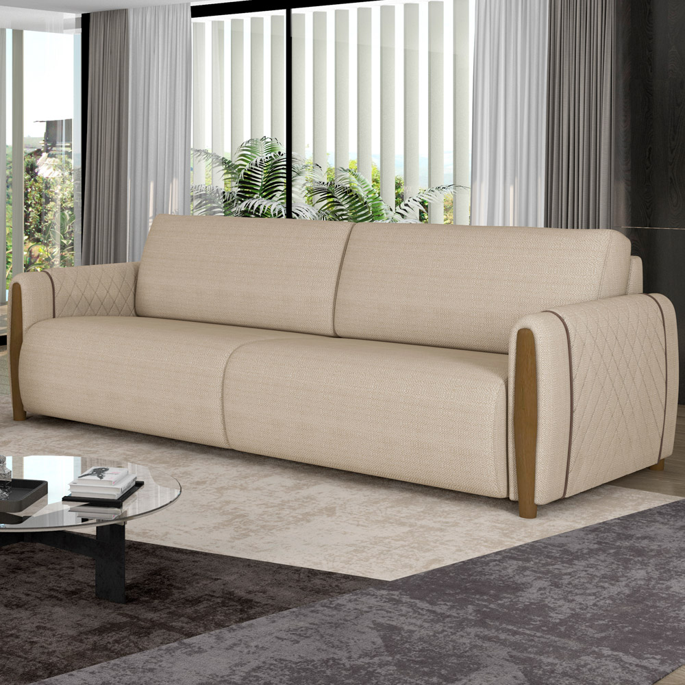 Sofá 03 Lugares Para Sala De Estar Pés Em Madeira 223 cm Flora M03 Linho Bege - Lyam Decor