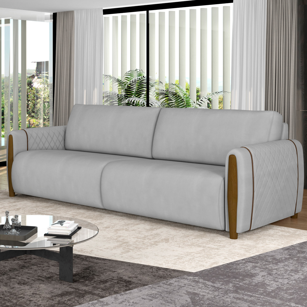 Sofá 03 Lugares Para Sala De Estar Pés Em Madeira 223 cm Flora M03 Veludo Cinza - Lyam Decor