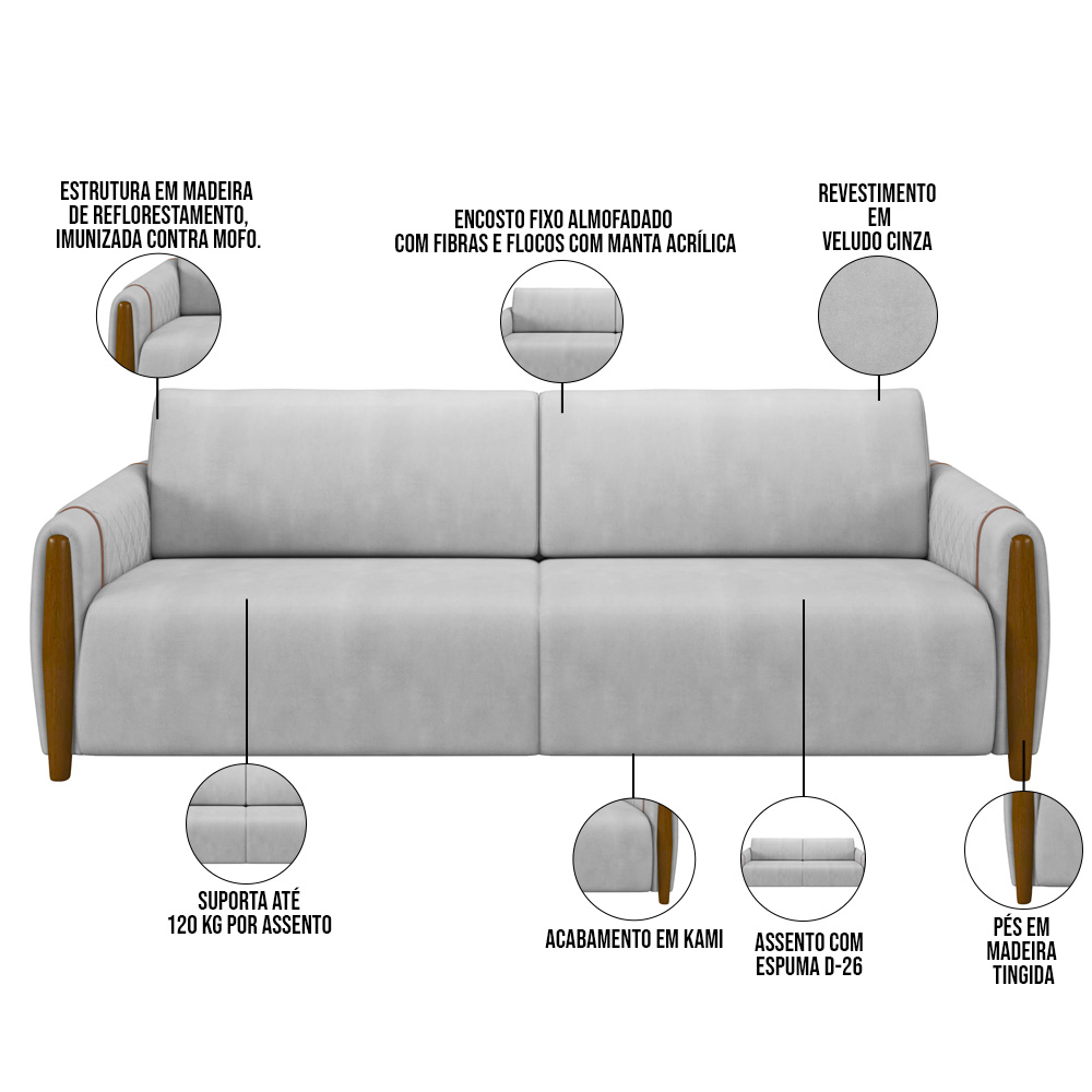 Sofá 03 Lugares Para Sala De Estar Pés Em Madeira 223 cm Flora M03 Veludo Cinza - Lyam Decor