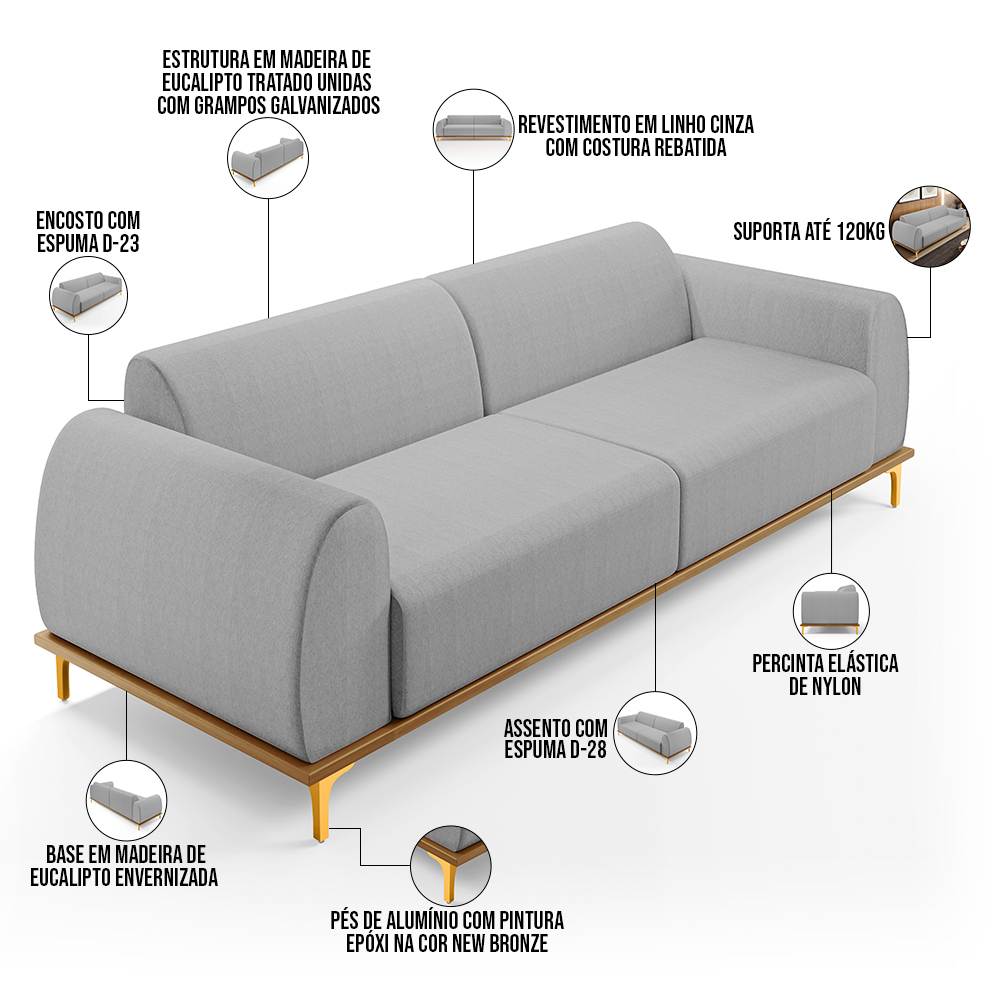 Sofá 03 Lugares Para Sala de Estar Kiev 210 cm D02 Linho Cinza D-315 - Lyam Decor