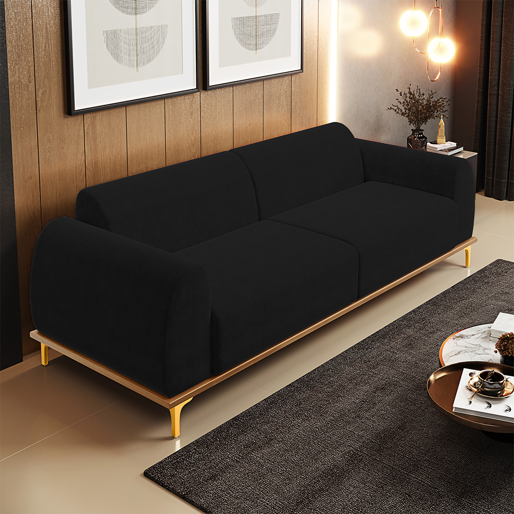 Sofá 03 Lugares Para Sala de Estar Kiev 210 cm D02 Veludo Preto C-300 - Lyam Decor