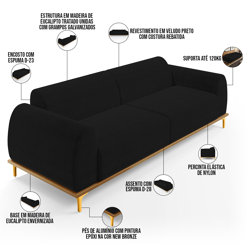 Sofá 03 Lugares Para Sala de Estar Kiev 210 cm D02 Veludo Preto C-300 - Lyam Decor
