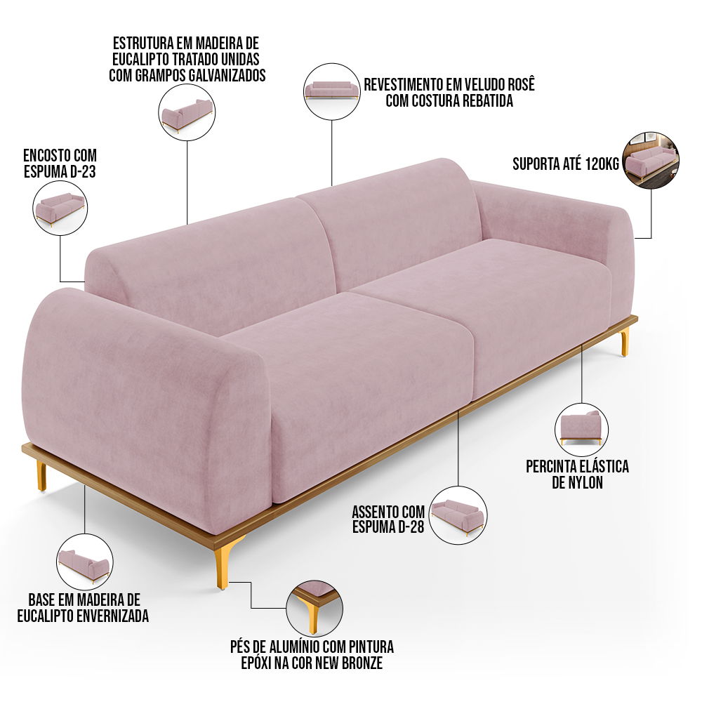 Sofá 03 Lugares Para Sala de Estar Kiev 210 cm D02 Veludo Rosê C-305 - Lyam Decor