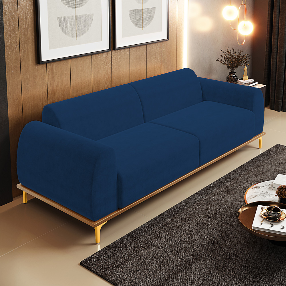 Sofá 03 Lugares Para Sala de Estar Kiev 230 cm D02 Veludo Azul Marinho C-304 - Lyam Decor