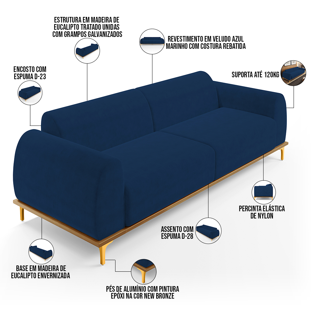 Sofá 03 Lugares Para Sala de Estar Kiev 230 cm D02 Veludo Azul Marinho C-304 - Lyam Decor