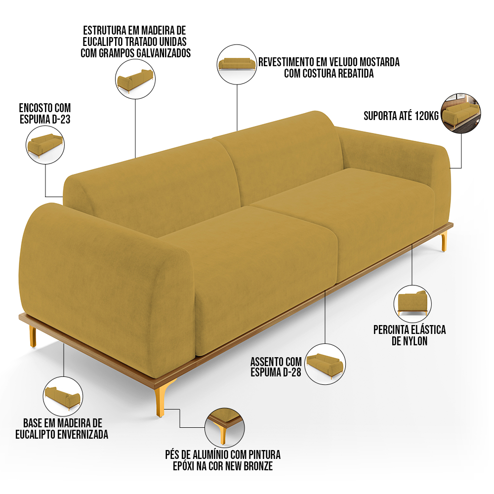 Sofá 03 Lugares Para Sala de Estar Kiev 230 cm D02 Veludo Mostarda C-260 - Lyam Decor