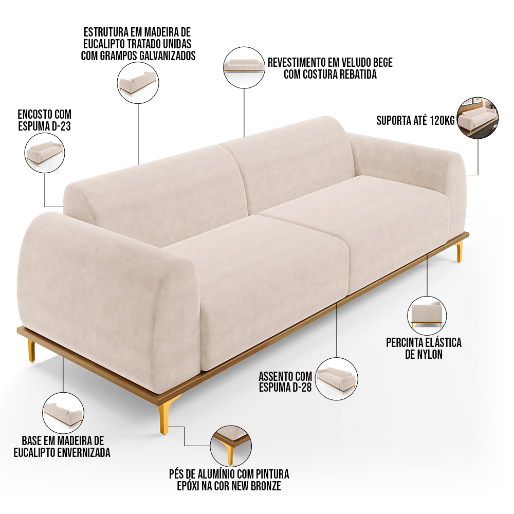 Sofá 04 Lugares Para Sala de Estar Kiev 260 cm D02 Veludo Bege C-309 - Lyam Decor