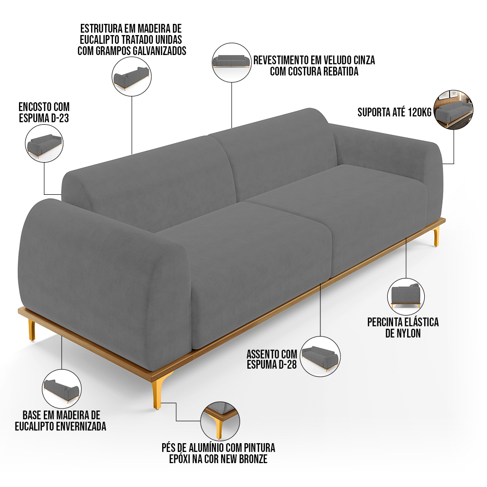 Sofá 04 Lugares Para Sala de Estar Kiev 260 cm D02 Veludo Cinza C-317 - Lyam Decor