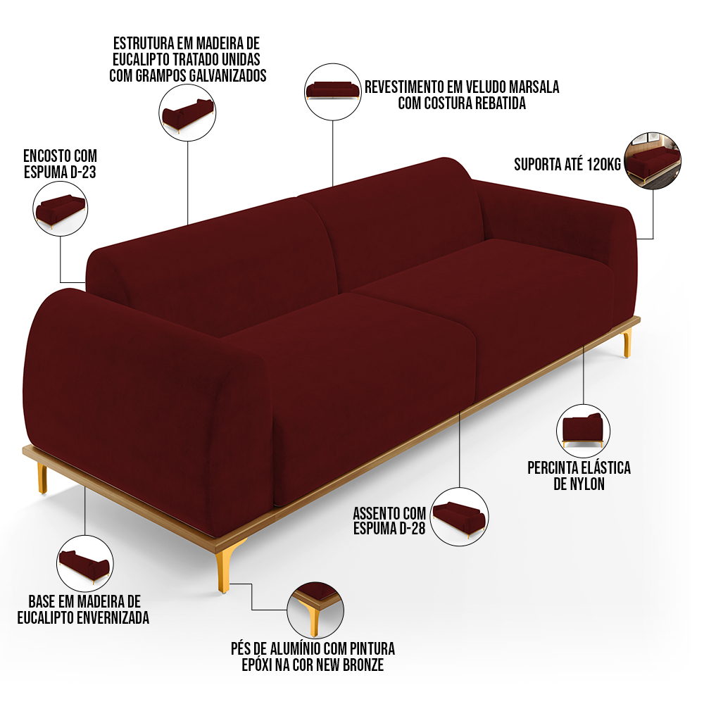 Sofá 04 Lugares Para Sala de Estar Kiev 260 cm D02 Veludo Marsala C-278 - Lyam Decor