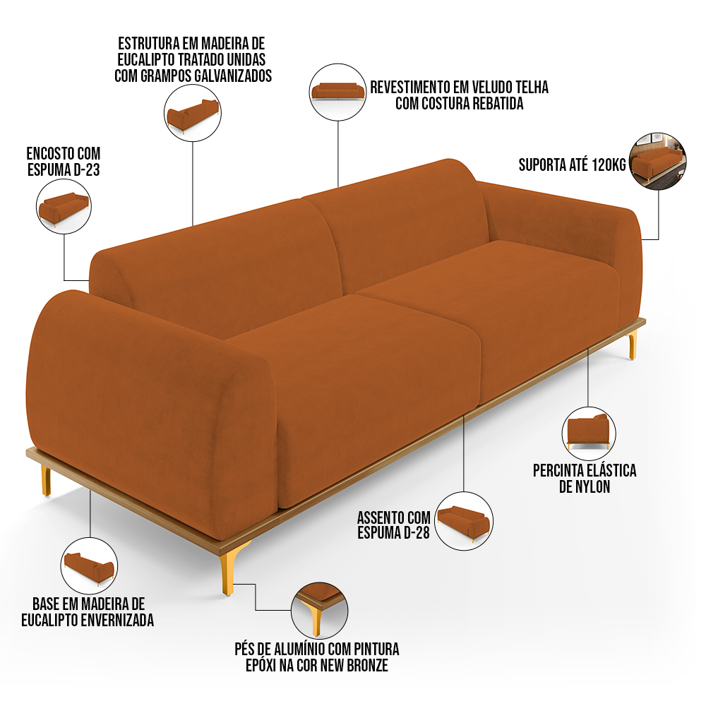Sofá 04 Lugares Para Sala de Estar Kiev 260 cm D02 Veludo Telha C-262 - Lyam Decor