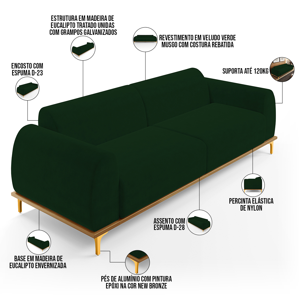 Sofá 04 Lugares Para Sala de Estar Kiev 260 cm D02 Veludo Verde Musgo C-303 - Lyam Decor