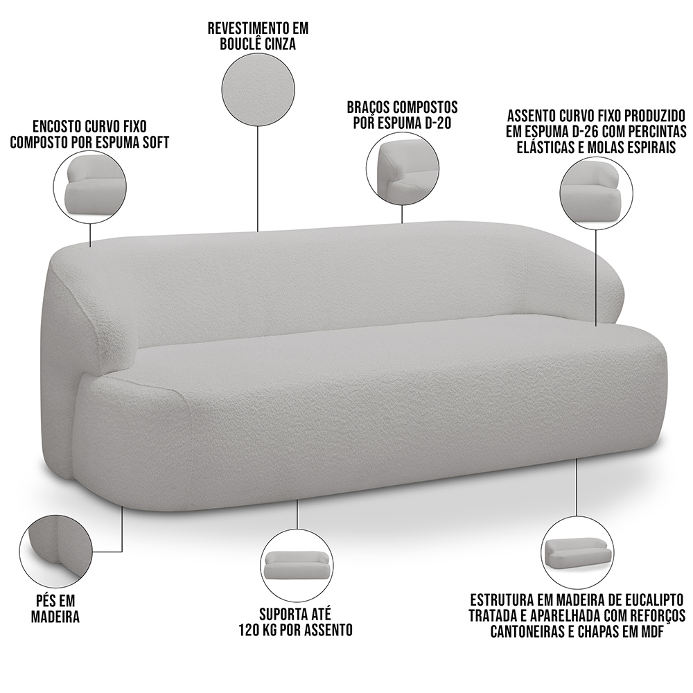 Sofá 2 Lugares Curvo Orgânico Para Sala Living 150cm Barolo L06 Bouclê Cinza - Lyam Decor