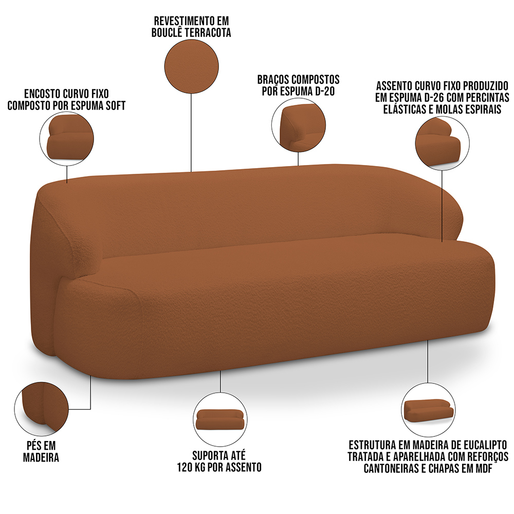 Sofá 2 Lugares Curvo Orgânico Para Sala Living 150cm Barolo L06 Bouclê Terracota - Lyam Decor