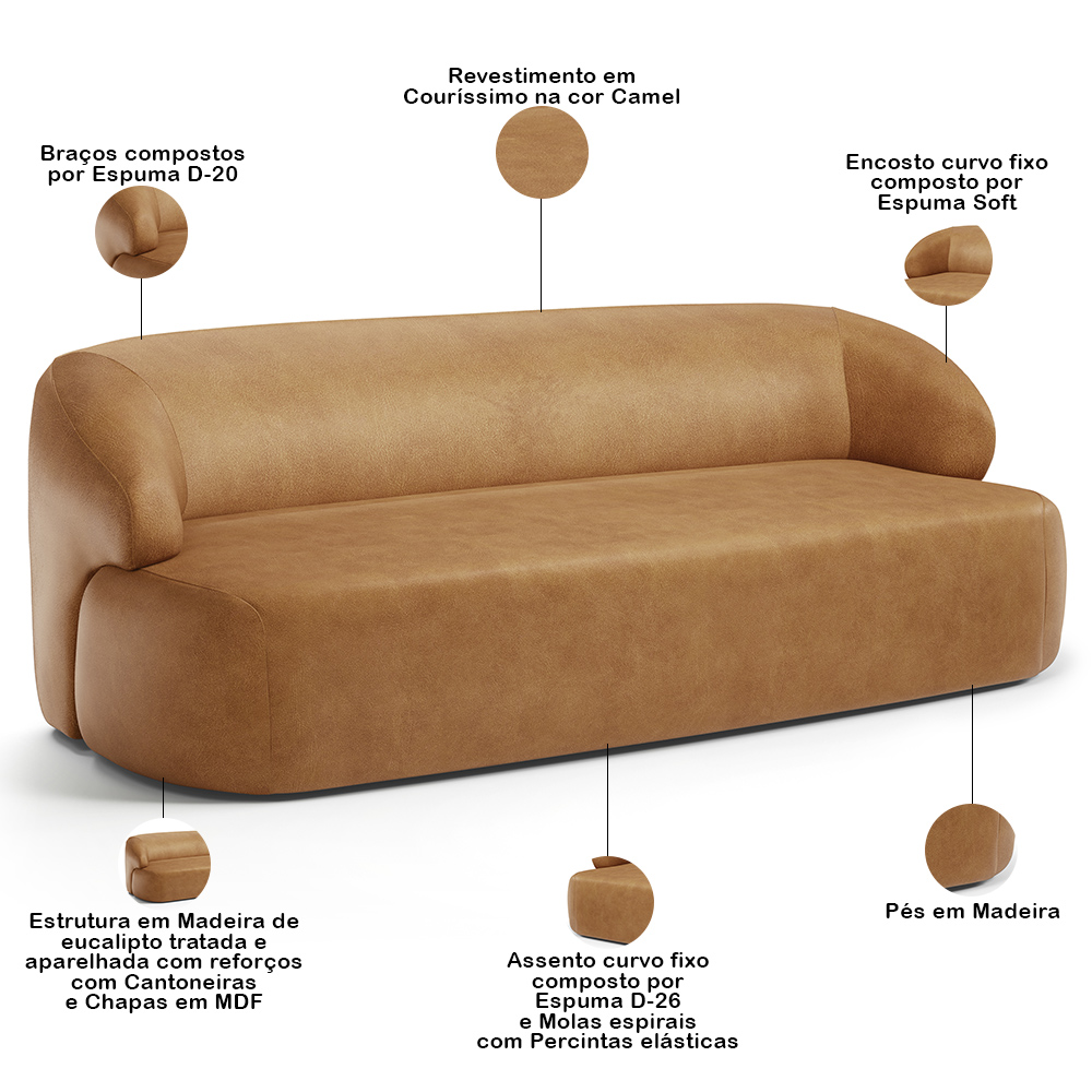 Sofá 2 Lugares Curvo Orgânico Para Sala Living 150cm Barolo L06 Couríssimo Camel - Lyam Decor
