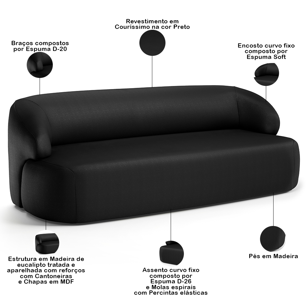 Sofá 2 Lugares Curvo Orgânico Para Sala Living 150cm Barolo L06 Couríssimo Preto - Lyam Decor