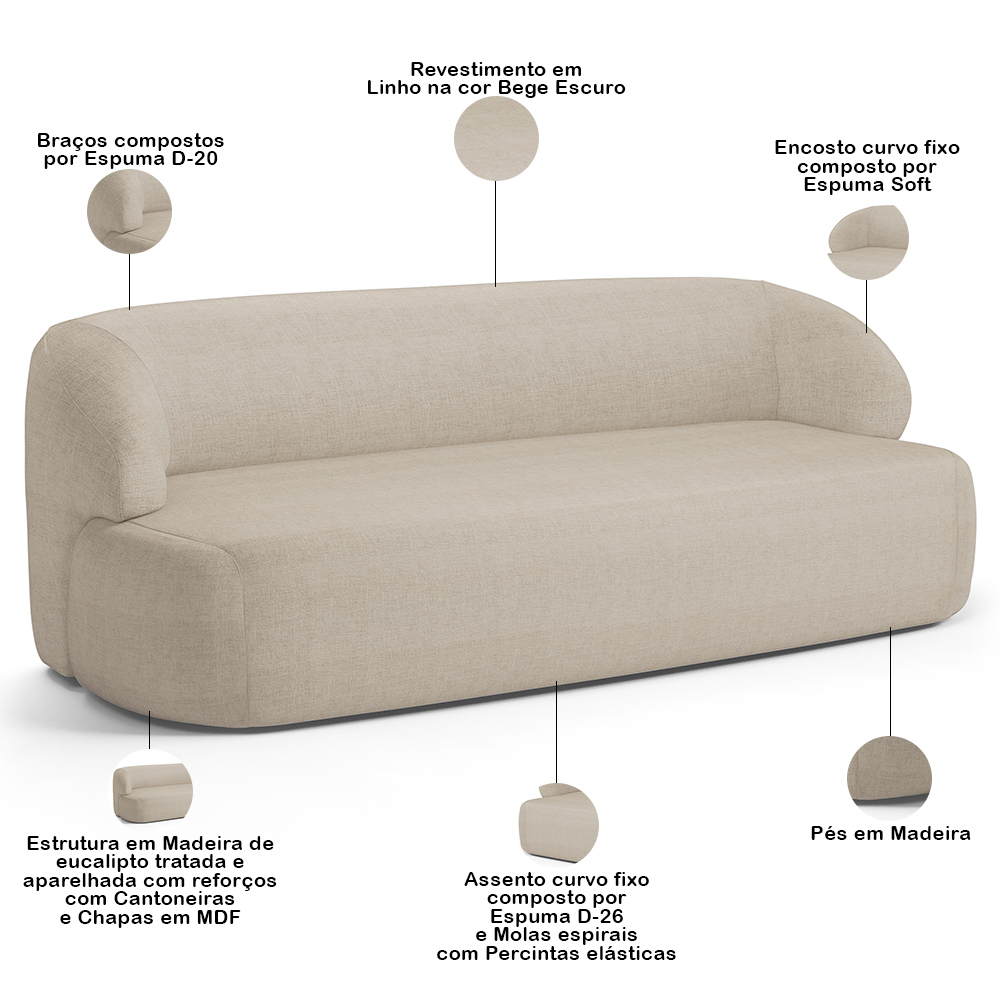 Sofá 2 Lugares Curvo Orgânico Para Sala Living 150cm Barolo L06 Linho Bege Escuro - Lyam Decor