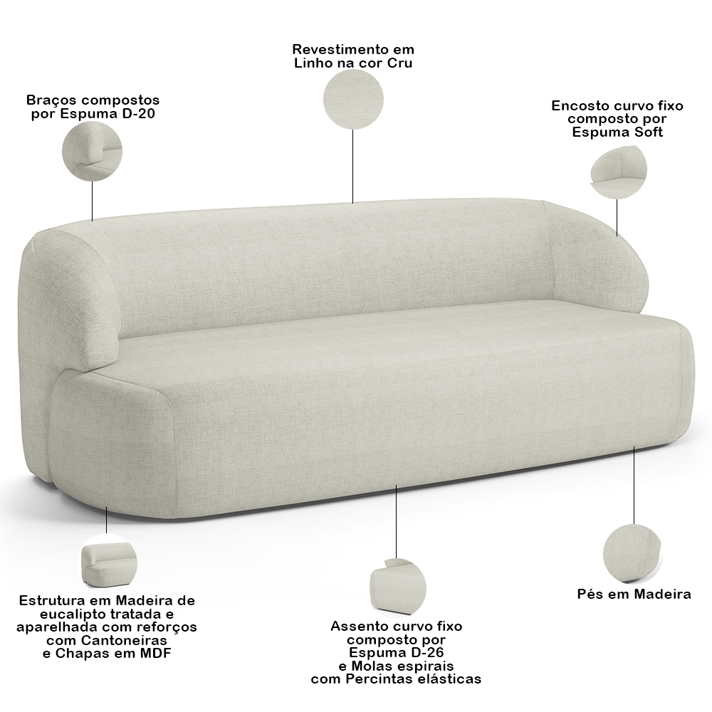 Sofá 2 Lugares Curvo Orgânico Para Sala Living 150cm Barolo L06 Linho Cru - Lyam Decor