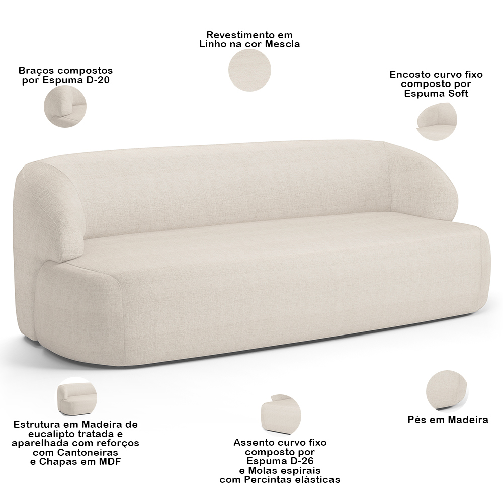 Sofá 2 Lugares Curvo Orgânico Para Sala Living 150cm Barolo L06 Linho Mescla - Lyam Decor
