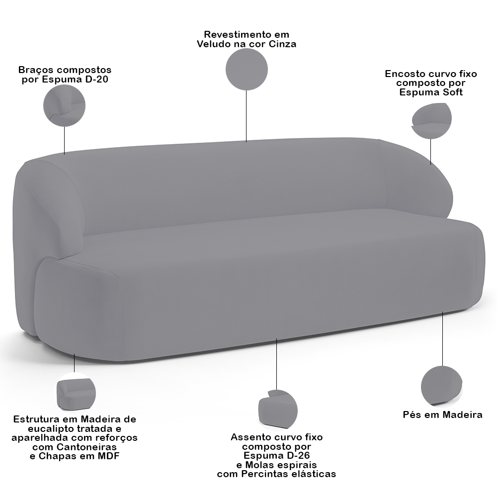 Sofá 2 Lugares Curvo Orgânico Para Sala Living 150cm Barolo L06 Veludo Cinza - Lyam Decor
