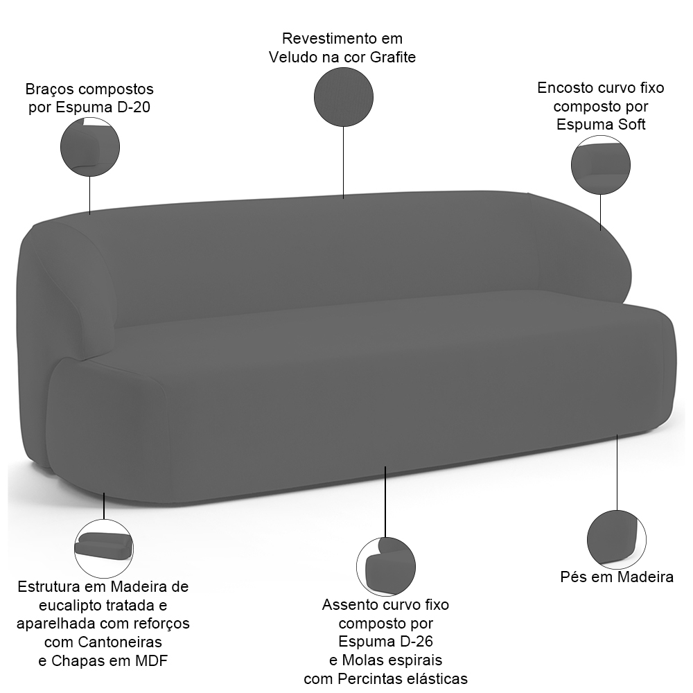 Sofá 2 Lugares Curvo Orgânico Para Sala Living 150cm Barolo L06 Veludo Grafite - Lyam Decor