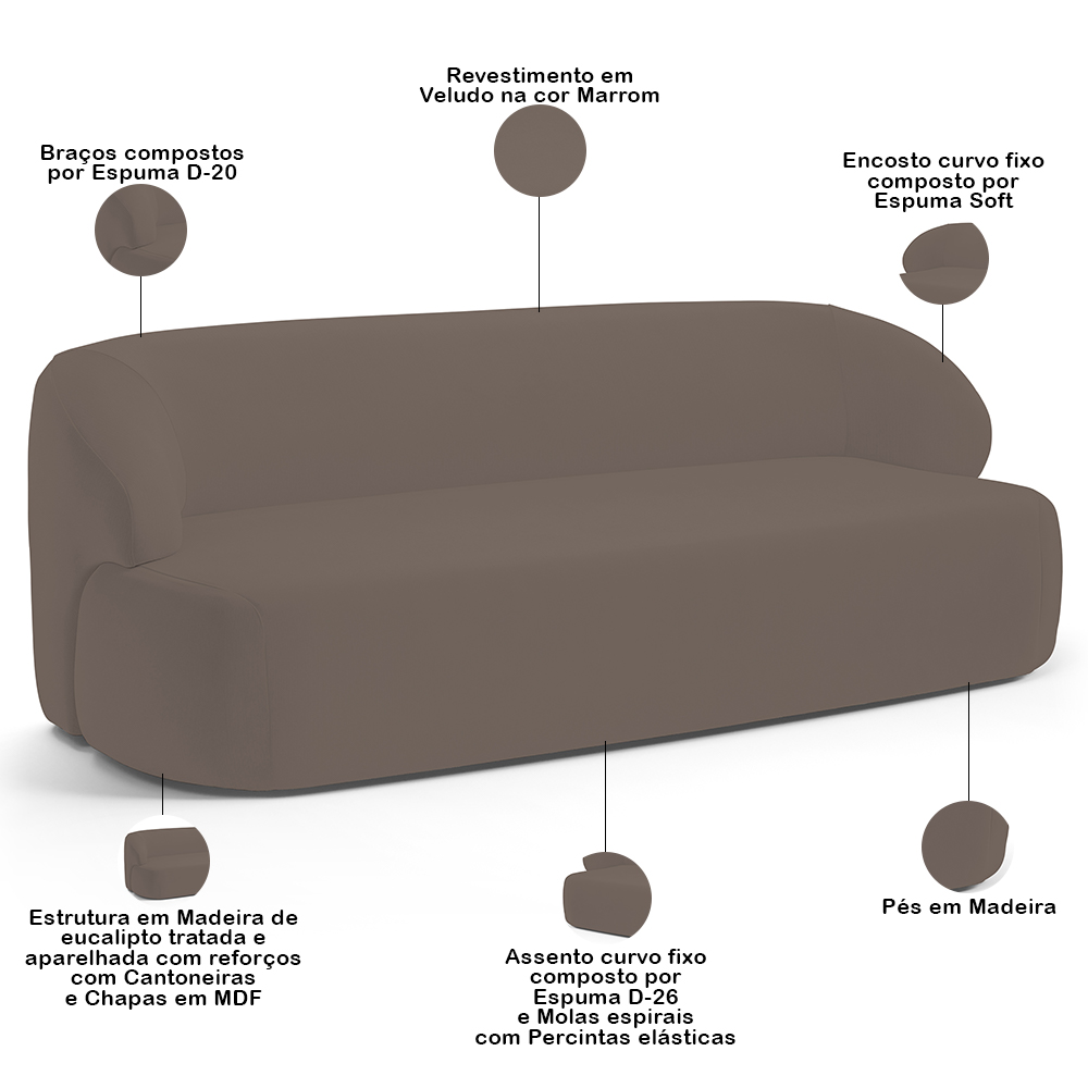 Sofá 2 Lugares Curvo Orgânico Para Sala Living 150cm Barolo L06 Veludo Marrom - Lyam Decor
