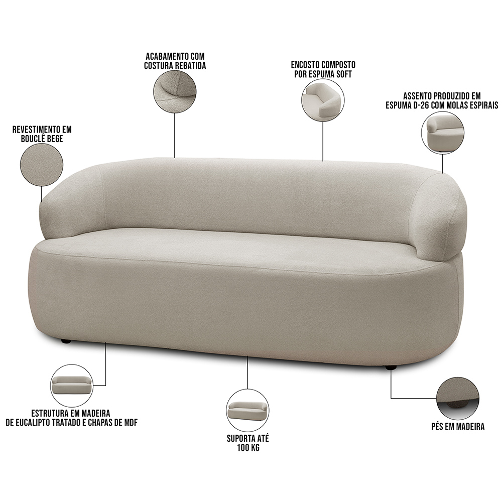 Sofá 2 Lugares Orgânico Sala de Estar Living 140cm Carmen F04 Bouclê Bege - Lyam Decor