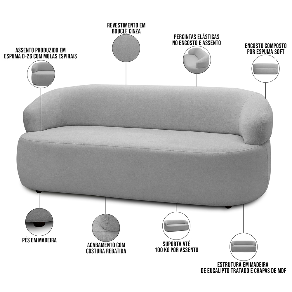 Sofá 2 Lugares Orgânico Sala de Estar Living 140cm Carmen F04 Bouclê Cinza - Lyam Decor